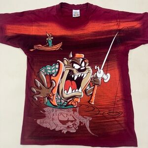 Vtg 90s Taz Looney Tunes TShirt Sz M Fishing Coyote Single Stitch All Over Print